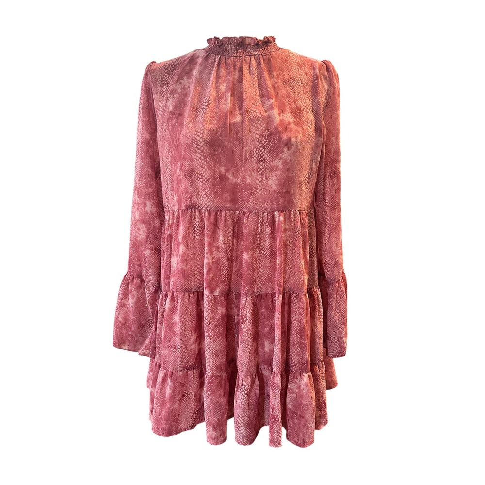 Tiered Mini Dress Ruffle Mock‎ Neck Long Sleeve Pink Snakeskin Print